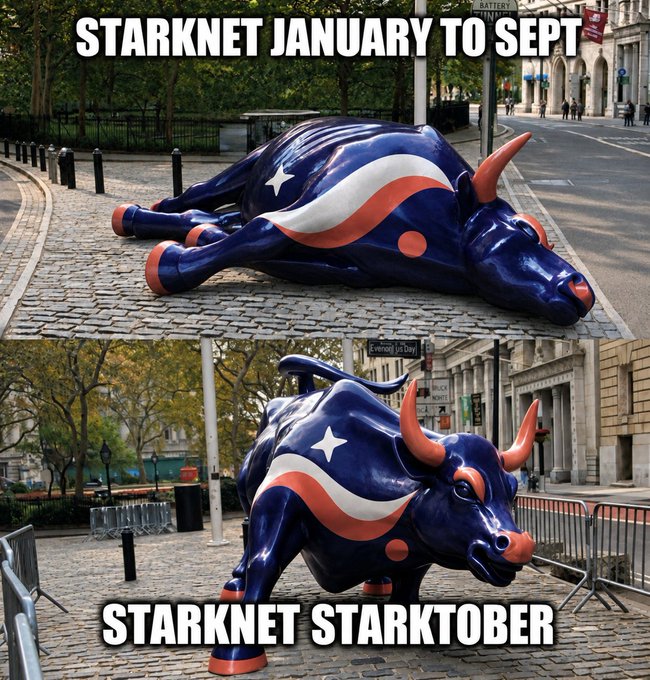 A two-panel meme showing a Starknet-themed bull statue: top panel labeled 'STARKNET JANUARY TO SEPT' with the bull lying down, and bottom panel labeled 'STARKNET STARKTOBER' with the bull standing strong.