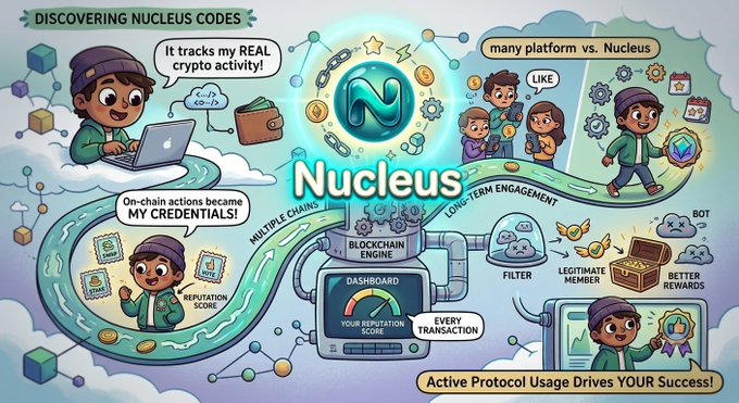 A colorful infographic titled 'DISCOVERING NUCLEUS CODES' illustrating the features of the Nucleus platform, including blockchain engine, reputation scores, and multiple chains.