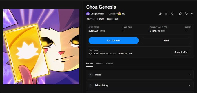 A digital NFT marketplace listing for 'Chog Genesis' priced at 8,925.00 WMON (~$215.35), with options to list for sale or accept offer.