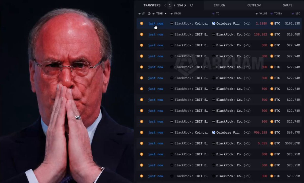 The image features a man with glasses, wearing a suit and standing behind a computer screen displaying a financial report. The background of the image is dark, putting emphasis on the man and his display of numbers related to Bitcoin trading. The image also includes some text that reads "BREAKING BLACKROCK DUMPED 30,119 $BTC WORTH OVER $1.92 BILLION IN JUST 10 DAYS. THEY ALSO DUMPED 161,829 $ETH WORTH over $320 MILLION. THE BIGGEST PLAYER IN THE WORLD IS ESCAPING RISK FAST. They definitely know something...". The man appears to be a financial expert, providing guidance on the current state of Bitcoin trading in relation to the market's risk appetite and price fluctuations.