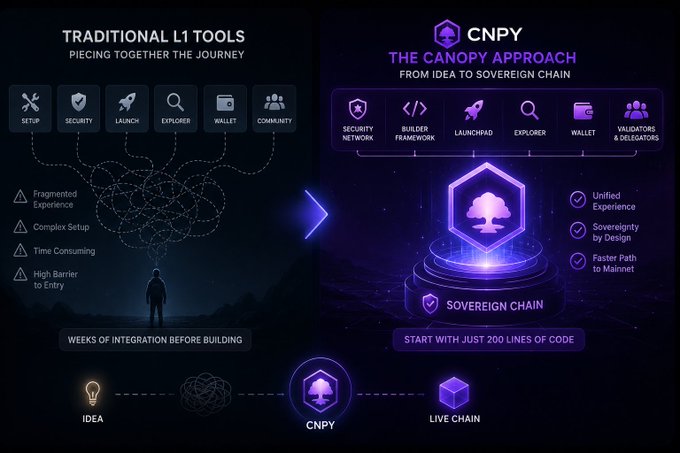 Infographic comparing 'TRADITIONAL L1 TOOLS' (fragmented setup, security, launch, explorer, wallet, community) to 'CNPY THE CANOPY APPROACH' (unified security network, builder framework, launchpad, explorer, wallet, validators) promising a unified experience and sovereign chain.
