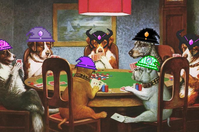 A parody of the classic 'Dogs Playing Poker' painting featuring the famous Cassius Marcellus Coolidge artwork with pixel-art cryptocurrency/NFT-style hats (purple, green, black) added to the dogs sitting around a card table.