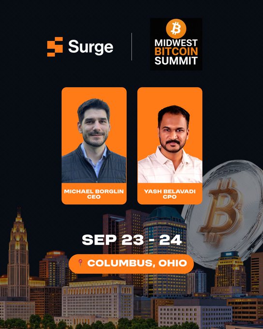 Promotional graphic for the Midwest Bitcoin Summit on Sep 23-24 in Columbus, Ohio, featuring portraits of Surge CEO Michael Borglin and CPO Yash Belavadi alongside a Bitcoin graphic.