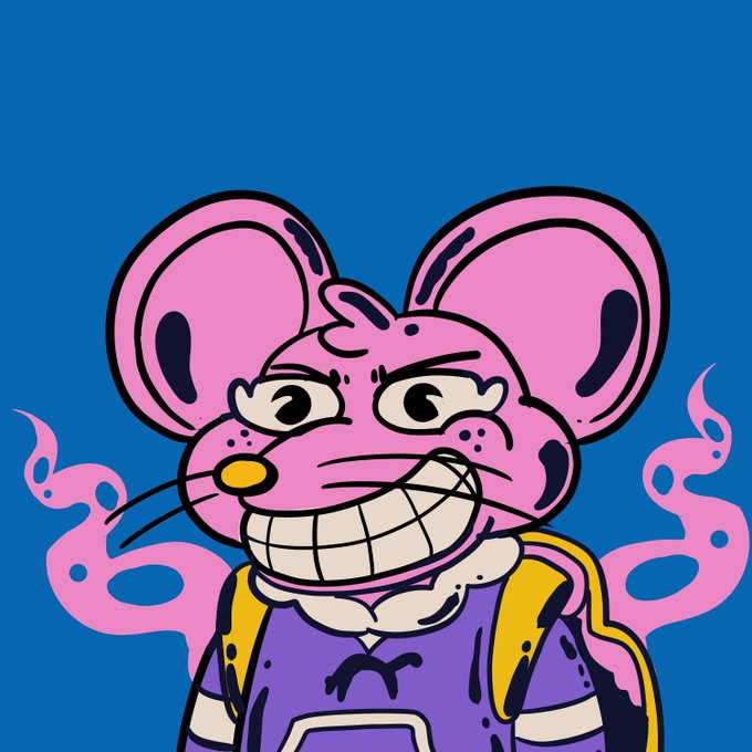 A digital illustration of an angry pink cartoon mouse character with a wide grin showing large teeth, wearing a purple and yellow shirt, set against a solid blue background with pink smoke-like wisps.