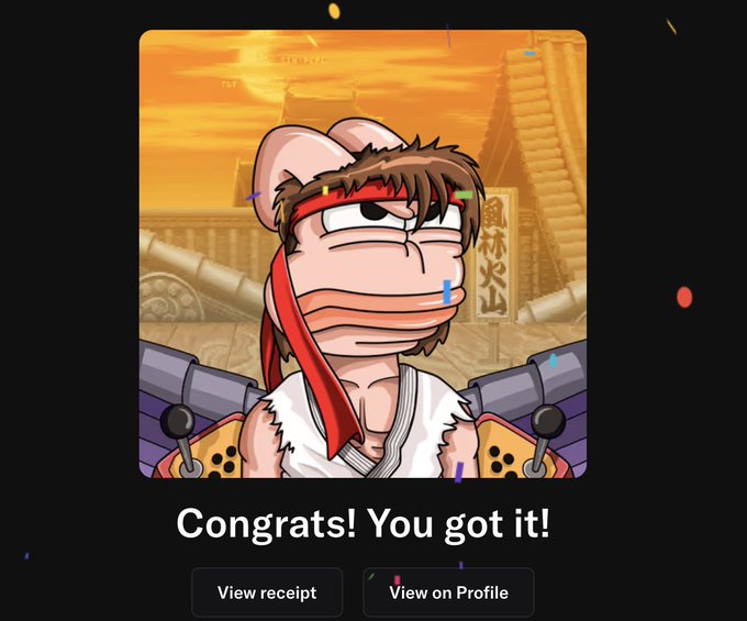 Digital artwork celebrating an acquisition with the text 'Congrats! You got it!' featuring an anime-style character with a red headband and a stack of pancakes for a face, set against an ancient ruins background.