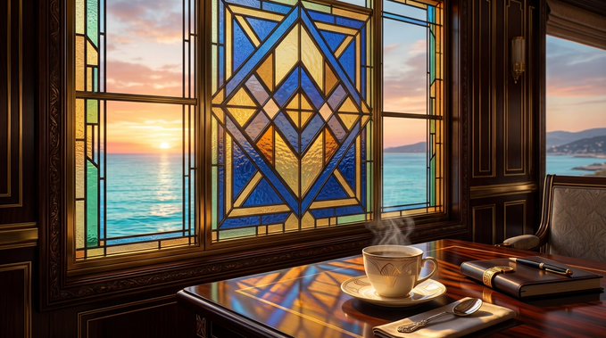 A cozy interior scene featuring a steaming cup of coffee on a wooden table beside a stained glass window overlooking the ocean at sunset.