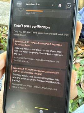 A mobile screenshot from gnollect.fun discussing failed 'wallet verification' with examples of denied PSA 9 Japanese and CGC 9.5 Venezuelan Damaclan V cards.