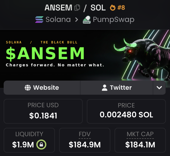 The image shows a trading page for the $ANSEM memecoin on Solana via PumpSwap, displaying a price of $0.1841 (0.002480 SOL) with a $184.1M market cap and $1.9M locked liquidity. The post reflects the trader's strong conviction in dollar-cost averaging into $ANSEM, hoping it reaches billions in valuation, which the image's high market cap supports as a bullish indicator.
