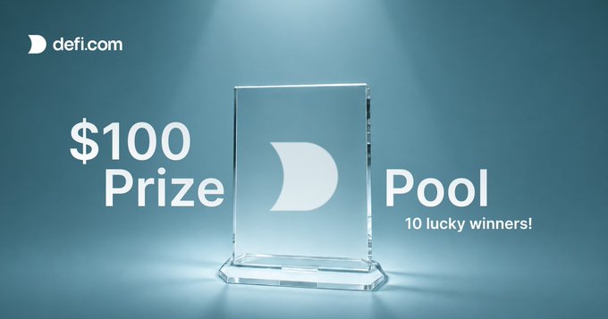 A defi.com promotional image featuring a glass award with the company's logo on a teal background, advertising a "$100 Prize Pool" for "10 lucky winners!"—visually reinforcing the doubled-winner Galxe quest giveaway that closes on 31 August.