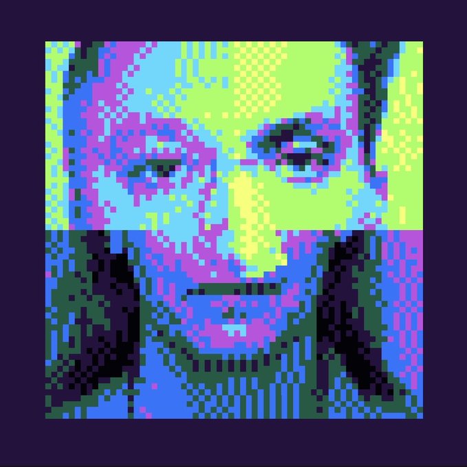 A pixelated, neon-colored portrait of a man's face rendered in shades of green, pink, blue, and yellow.