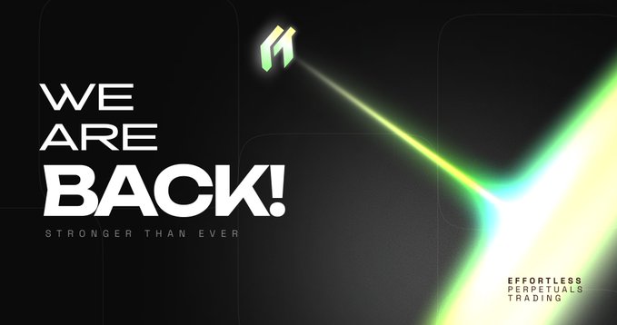 A promotional graphic reading 'WE ARE BACK! STRONGER THAN EVER' with a green logo and 'EFFORTLESS PERPETUALS TRADING' text on a dark background with green light streaks.