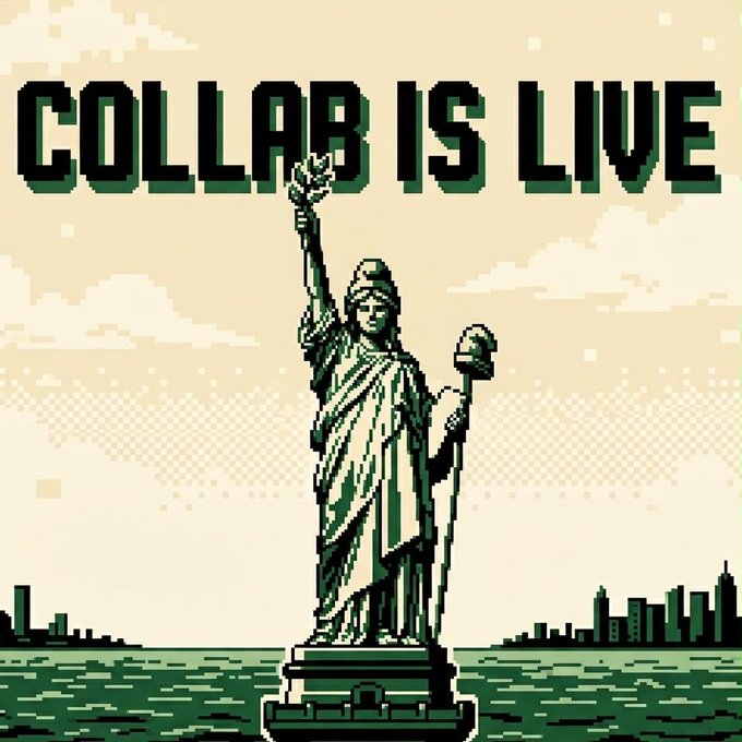 The image features a statue of liberty with her hand raised, as if waving or making a call for help. The background shows an ocean view with city buildings visible in the distance. Below the statue, there's text that reads "collab is live". This suggests that the image might be related to a social media post or advertisement promoting collaboration and sharing ideas.