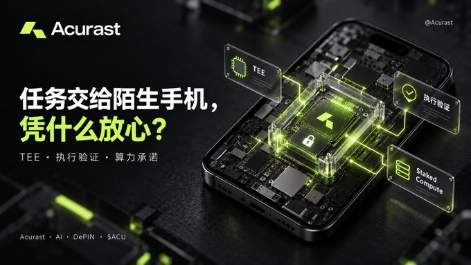 A promotional image for Acurast showing a smartphone with a glowing chip, featuring Chinese text and labels for TEE, and computing.