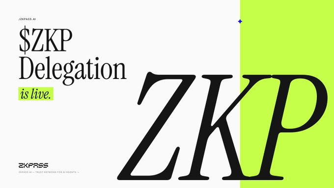 A promotional graphic for "ZKPass AI" announces that "$ZKP Delegation is live," featuring bold black typography and a large green accent panel.