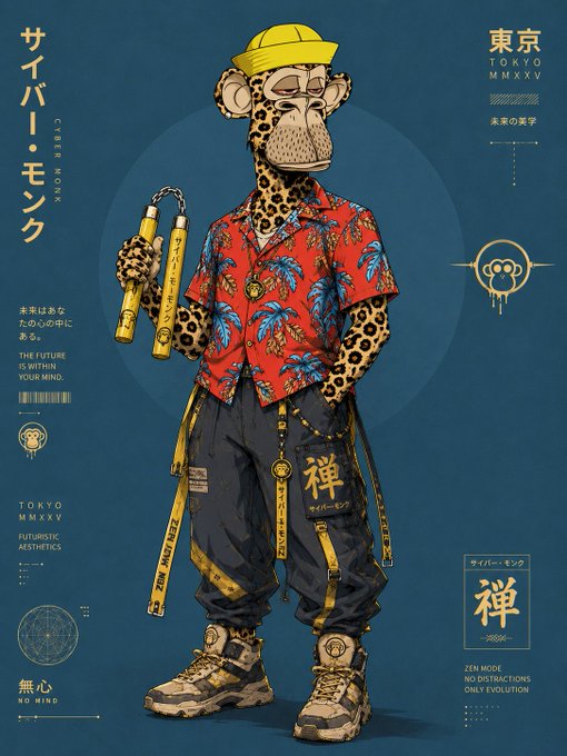 The image depicts a Bored Ape-style character labeled "Cyber Monk" (サイバーモンク) wearing a yellow cap, red floral Hawaiian shirt, and pants with a "禅" (Zen) patch, holding nunchucks amid Japanese text like "TOKYO MMXXV" and "ZEN MODE NO DISTRACTIONS ONLY EVOLUTION." It relates to the "Asia Apes are the Alpha" caption as a stylized, futuristic illustration of an ape—the ape mascot being the core symbol of the Bored Ape ecosystem—embodying strength, discipline, and dominance.