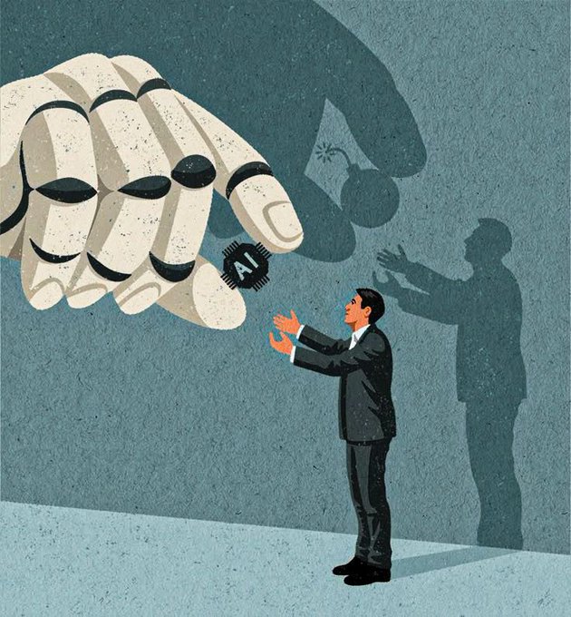 A conceptual illustration of a businessman reaching out toward a giant mechanical hand holding a small bomb labeled 'AI'.