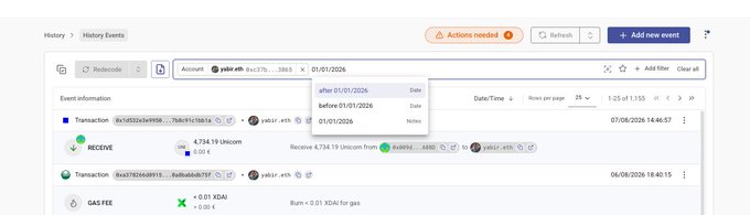 A screenshot of a blockchain explorer interface showing history events for an account 'polk.eth', listing transactions including receiving 4,734.19 Unicorn, a Transaction ID, and a GAS FEE, with a date filter dropdown showing options like 'after 01/01/2026'.