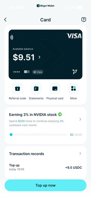 The image shows a Bitget Wallet mobile app screen displaying a virtual VISA card with a $9.51 available balance, along with quick-access icons for referral code, statements, physical card, and more options. Below the card, it highlights a "3% cashback in NVIDIA stock" promotion and shows a recent $9.50 USDC top-up transaction, supporting the post about setting up the new Bitget Wallet Singapore VISA card.