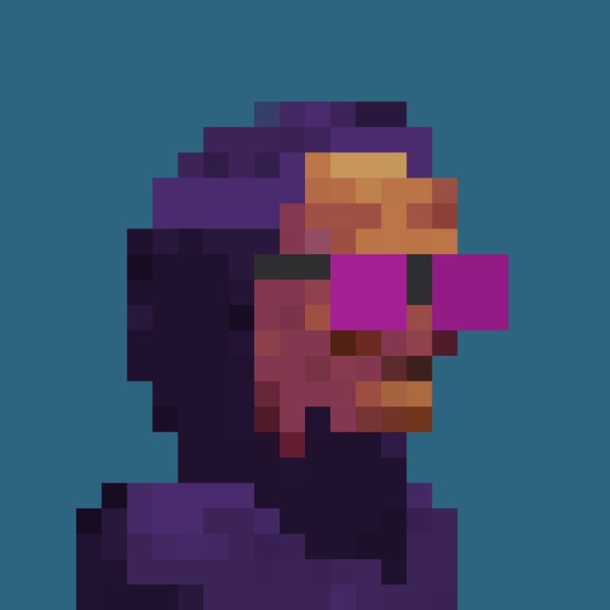 A pixel art portrait of a hooded figure with glowing magenta visor and orange hair on a teal background.