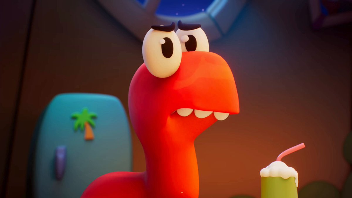 The image features a cartoon character, possibly a dinosaur or a monster, with a red body and a green head. It appears that the character is looking at something off-camera, giving an impression of curiosity or concern. The background shows a refrigerator covered in magnets and stickers, suggesting it's located in a room where people gather to socialize or relax. The image also contains text that reads "We have the next Pixar on Solana". This implies that there might be a connection between the cartoon character and a new Pixar movie being released soon.