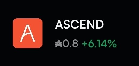 A black screen displays the ASCEND token logo, an orange square with a white 'A', alongside a price of ₳0.8 with a +6.14% gain in green text.