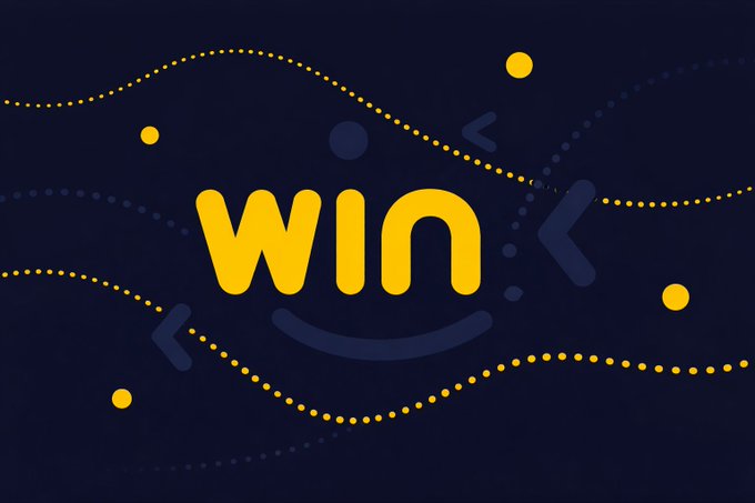 A logo design featuring the word 'WIN' in yellow with a smile underneath, set against a dark blue background with decorative dotted wavy lines and small geometric shapes.
