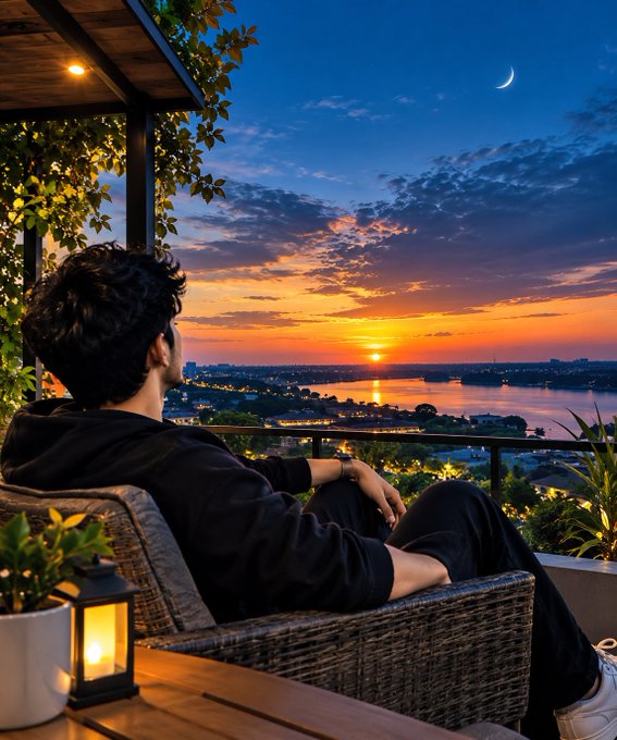 A young man with dark curly hair sits in a wicker chair on a balcony, looking out over a coastal city at sunset with the moon visible in the sky.