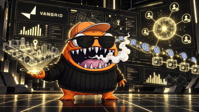A digital illustration of an orange cartoon monster character wearing sunglasses and a beanie, holding a holographic city map, with the 'VANGRID' logo displayed on screens in the background.