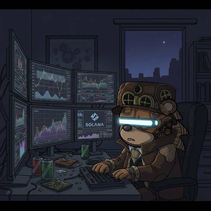 In this digital illustration, there's a cartoon bear sitting at a desk working on his computer. The bear is wearing a hat with an infinity symbol, which appears to be glowing in the night. Surrounding him are multiple monitors displaying graphs of stock prices for different companies like Solana and bitcoin, indicating that he may be involved in analyzing financial data or running a cryptocurrency trading application. 

There are also some other elements present in the image: there's a keyboard next to the bear on the desk, along with a cup placed nearby. The overall mood of the scene is somewhat eerie, as if something disturbing has happened recently and the rest of the world has been plunged into darkness or chaos.