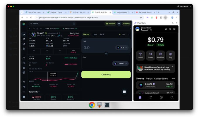 A screenshot of a computer desktop displaying the Jupiter aggregator interface for trading the CLAWD memecoin on the Solana blockchain, with the Phantom wallet sidebar showing a $0.79 balance.