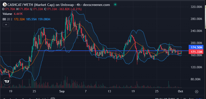 A cryptocurrency trading chart on dexscreener.com displays CASHCAT/WETH (Market Cap) data, showing a current value of 4.441K and a price of 171.33M.