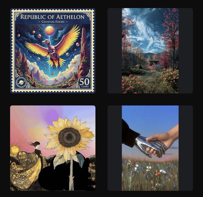A four-panel collage of artistic images shows a winged dinosaur stamp, a storybook landscape, a figure holding a giant sunflower, and a robotic handshake in a flower field.