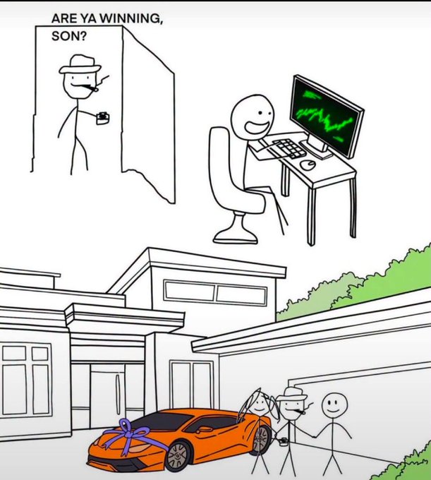 A comic titled 'Are ya winning, son?' showing a stick figure dad checking on his son who is happily trading Bitcoin on his computer, with the result being a sports car gift in the driveway.