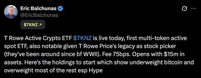 The image shows a tweet from Eric Balchunas (@EricBalchunas) announcing the launch of TKNZ, T. Rowe Price's actively managed crypto ETF. The tweet highlights that it's the first multi-token active spot ETF, opens with $15M in assets, has a 75bps fee, and notably underweights Bitcoin while overweighting most other tokens, especially HYPE.