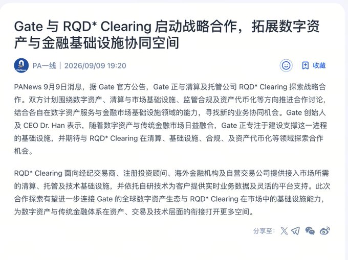 A Chinese news article titled 'Gate 与 RQD* Clearing 启动战略合作，拓展数字资产与金融基础设施协同空间' dated 2026/09/09, discussing a strategic partnership between Gate and RQD* Clearing.