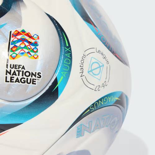 A close-up of the UEFA Nations League soccer ball featuring the competition logo and branding.