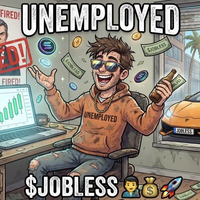 A cartoon illustration of a smiling man wearing sunglasses and a hoodie labeled 'UNEMPLOYED', sitting at a desk with a laptop showing a rising stock chart, holding a bottle with 'JOBLESS' money flying around.