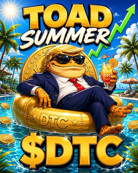 A meme-style digital illustration titled 'TOAD SUMMER' featuring an anthropomorphic toad wearing a suit, sunglasses, and a red tie, lounging on a 'DTC' inner tube in a pool holding a 'DTC' drink, with a rising green arrow and '$DTC' text at the bottom.