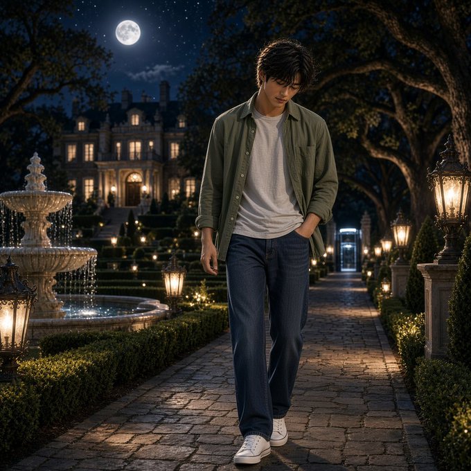 An AI-generated image shows a young man in a green shirt and jeans walking on a cobblestone path at night, with a fountain and illuminated mansion in the background under a full moon.