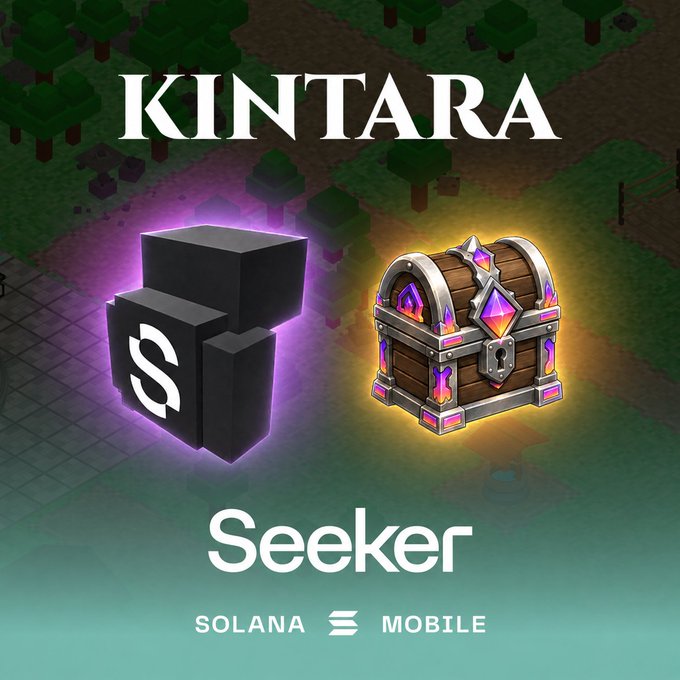 Promotional graphic for "KINTARA" featuring a black Solana-branded block glowing purple alongside an ornate treasure chest with colorful gems, advertising "Seeker Season 2" on Solana Mobile with rewards including an exclusive Seeker Hoodie and Seeker Chest at 20K XP.