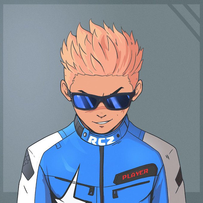 An anime-style illustration of a character with spiky peach-colored hair and blue sunglasses wearing a blue racing jacket with 'RC2' and 'PLAYER' text.