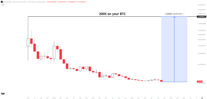 A crypto chart shows a declining BTC price series labeled “200X on your BTC,” with a projected blue rectangle on the right and a visible price near “$14,313.”