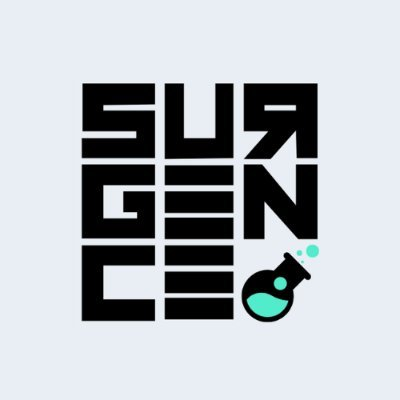 A graphic logo reading "SURGE LAB" in bold black block letters with a teal flask icon on a light background.