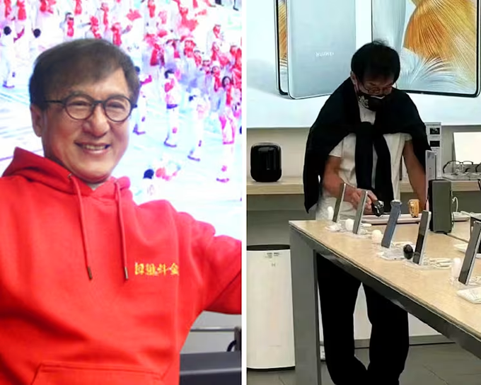 Jackie Chan promotes Xiaomi's high-end products in a Huawei retail store, illustrating how even major Chinese celebrity endorsements highlight the fierce competition between Chinese tech giants like Xiaomi and Huawei in the domestic market that Western observers often overlook.