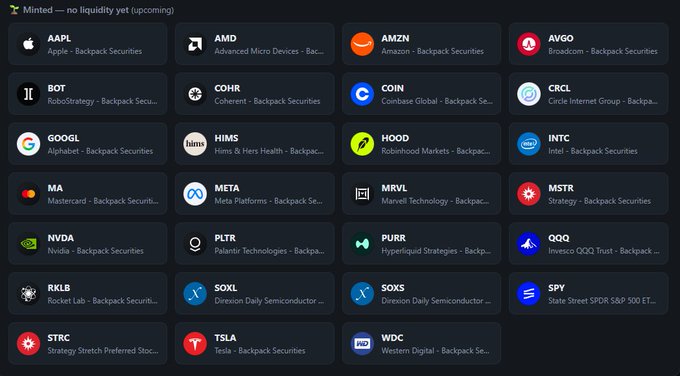 A screenshot of the Backpack exchange's "Minted — no liquidity yet (upcoming)" page, displaying a grid of 27 tokenized stocks including AAPL, NVDA, TSLA, MSTR, SPY, and QQQ, all marked as Backpack Securities. The image supports the post's suggestion of creating a prediction market for speculating which upcoming stocks Backpack will officially launch with liquidity next.