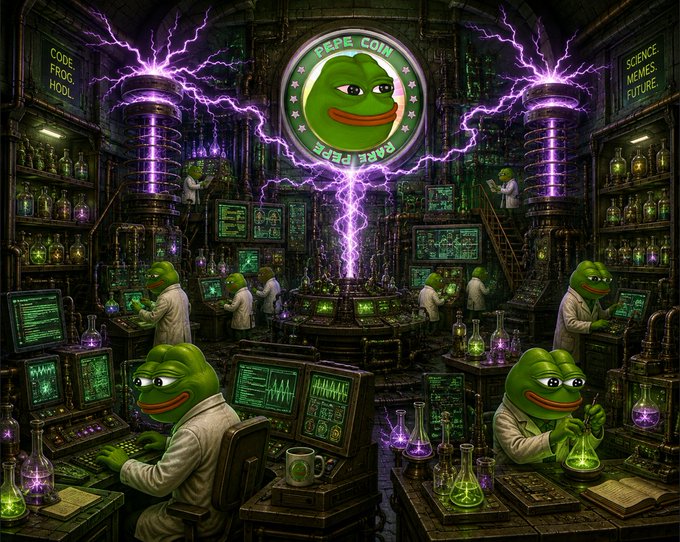 AI-generated artwork depicting a mad scientist's laboratory filled with Pepe the Frog characters working at computers, with a central emblem reading "PEPE COIN RARE PEPE" surrounded by purple lightning.