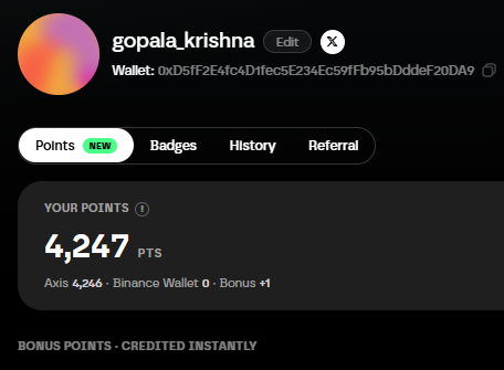 A profile dashboard for user 'gopala_krishna' shows a Binance wallet address and a points balance of 4,247 PTS under the 'Points' tab.