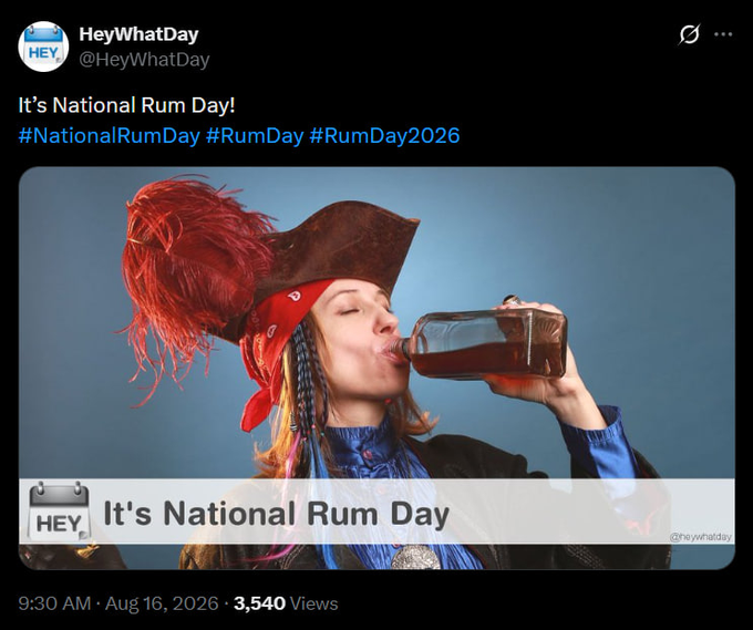 The image shows a social media post from @HeyWhatDay celebrating National Rum Day on Aug 16, 2026, featuring a woman in pirate attire drinking from a bottle, with 3,540 views.

The post's "Pump Without Mercy!" caption ties into the pirate theme, playfully evoking the swashbuckling imagery of the rum-guzzling pirate to hype up the rum celebration.