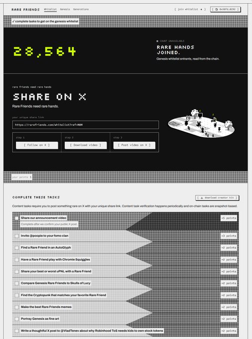 The image shows the RARE FRIENDS website featuring 28,564 Rare Hands joined from Genesis whitelist entrants, along with a "SHARE ON X" referral link and a list of tasks to earn points. The site appears to be part of the NFT project mentioned in the post, which is tied to Doodles co-founder @poopie and involves Robinhood, with a total supply of only 1,024 Genesis NFTs redeemable for 1 million RAREFRIEND tokens.