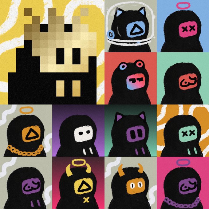 A colorful grid of pixel art NFT-style characters featuring black hooded figures with various emoji-like faces and accessories, including one pixelated character in the top left.